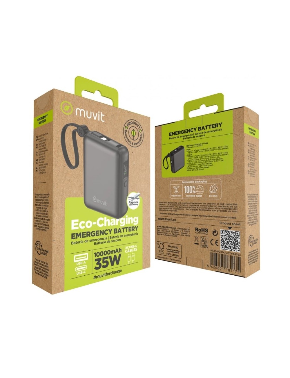 Powerbank 10000mAh Muvit For Change MCCHP0014/ 35W/ Negra