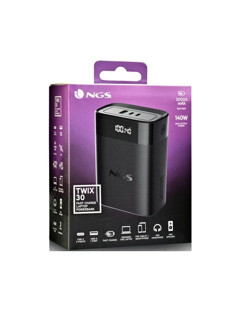 Powerbank 30000mAh NGS TWIX30/ 140W/ Compatible con Portátiles/ Negra