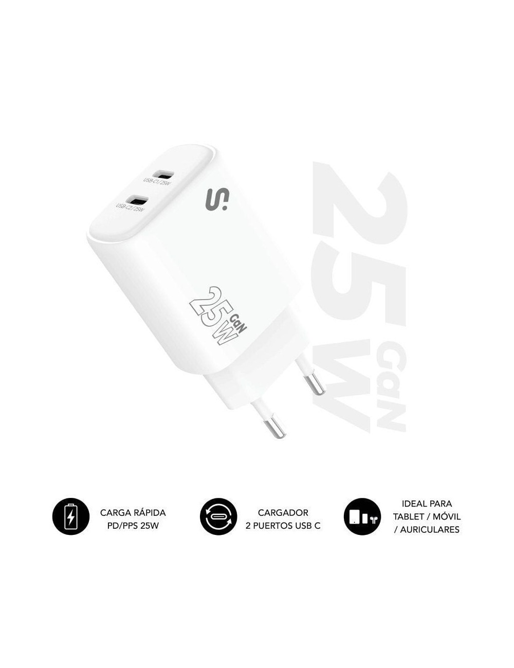 Cargador de Pared GaN Subblim 25W Charger USB C+C/ 2xUSB Tipo-C/ 25W
