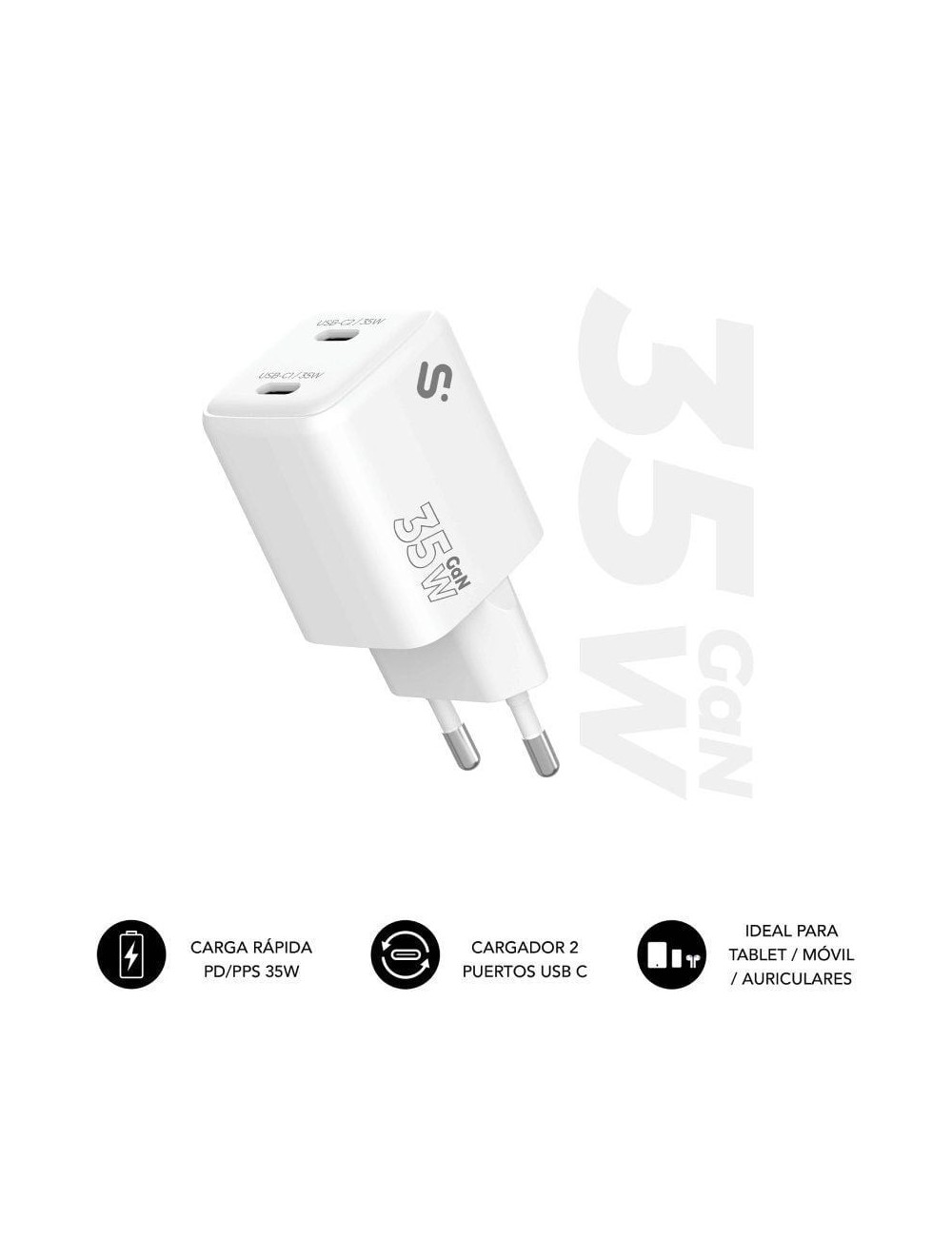 Cargador de Pared GaN Subblim 35W Charger USB C+C/ 2xUSB Tipo-C/ 35W