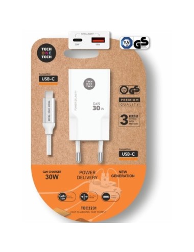 Cargador de Pared Tech One Tech TEC2231/ 1xUSB Tipo-C/ 1xUSB + Cable USB Tipo-C/ 30W/ Blanco