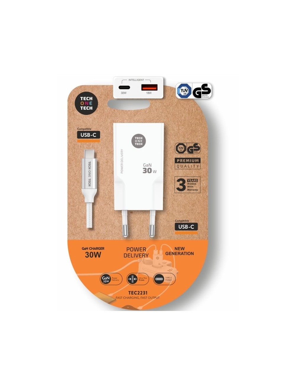 Cargador de Pared Tech One Tech TEC2231/ 1xUSB Tipo-C/ 1xUSB + Cable USB Tipo-C/ 30W/ Blanco
