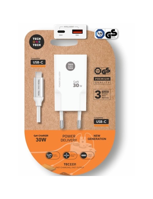 Cargador de Pared Tech One Tech TEC2231/ 1xUSB Tipo-C/ 1xUSB + Cable USB Tipo-C/ 30W/ Blanco