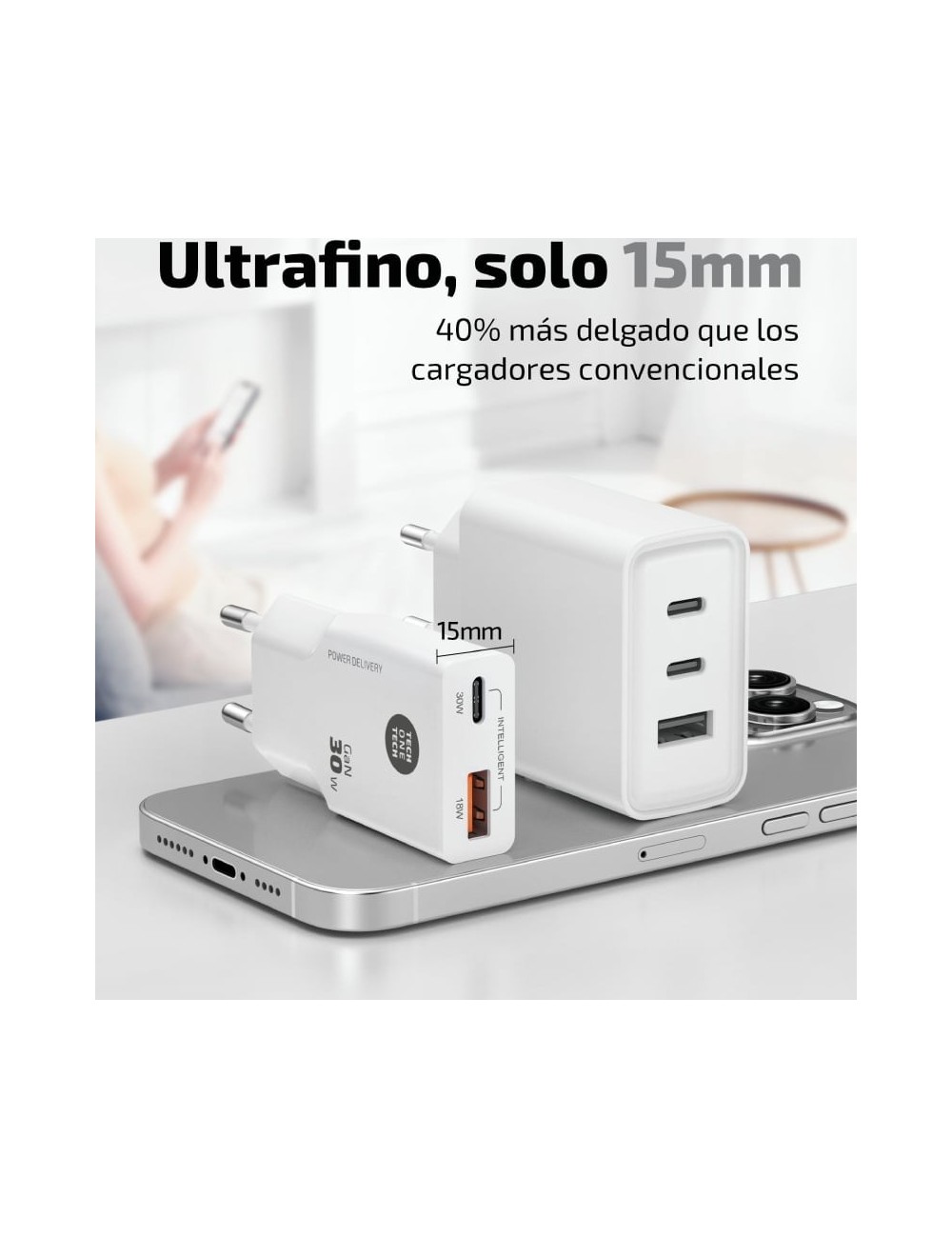 Cargador de Pared Tech One Tech TEC2231/ 1xUSB Tipo-C/ 1xUSB + Cable USB Tipo-C/ 30W/ Blanco