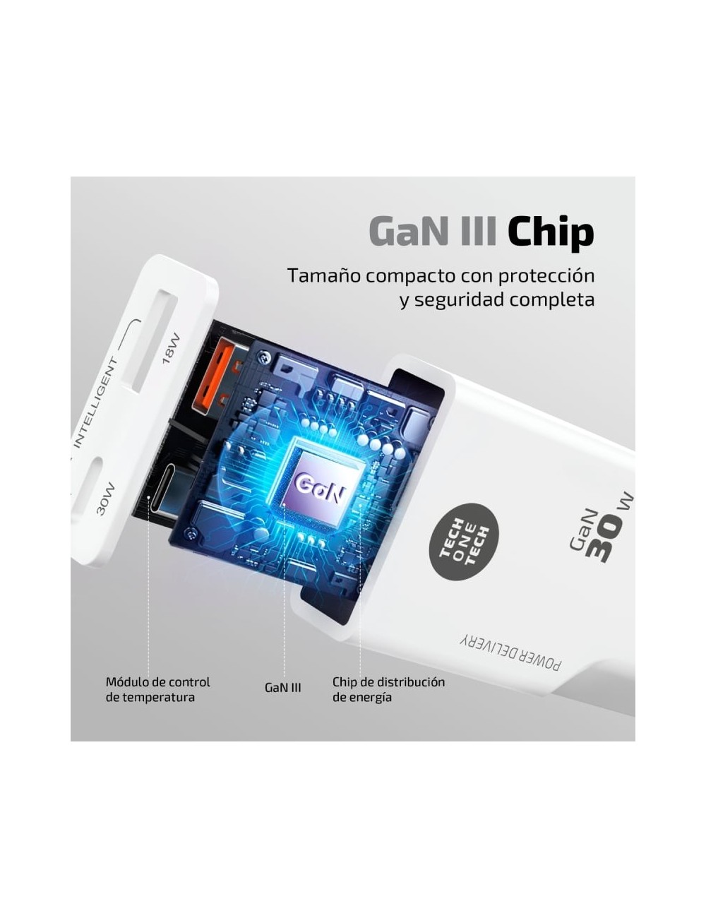 Cargador de Pared Tech One Tech TEC2231/ 1xUSB Tipo-C/ 1xUSB + Cable USB Tipo-C/ 30W/ Blanco