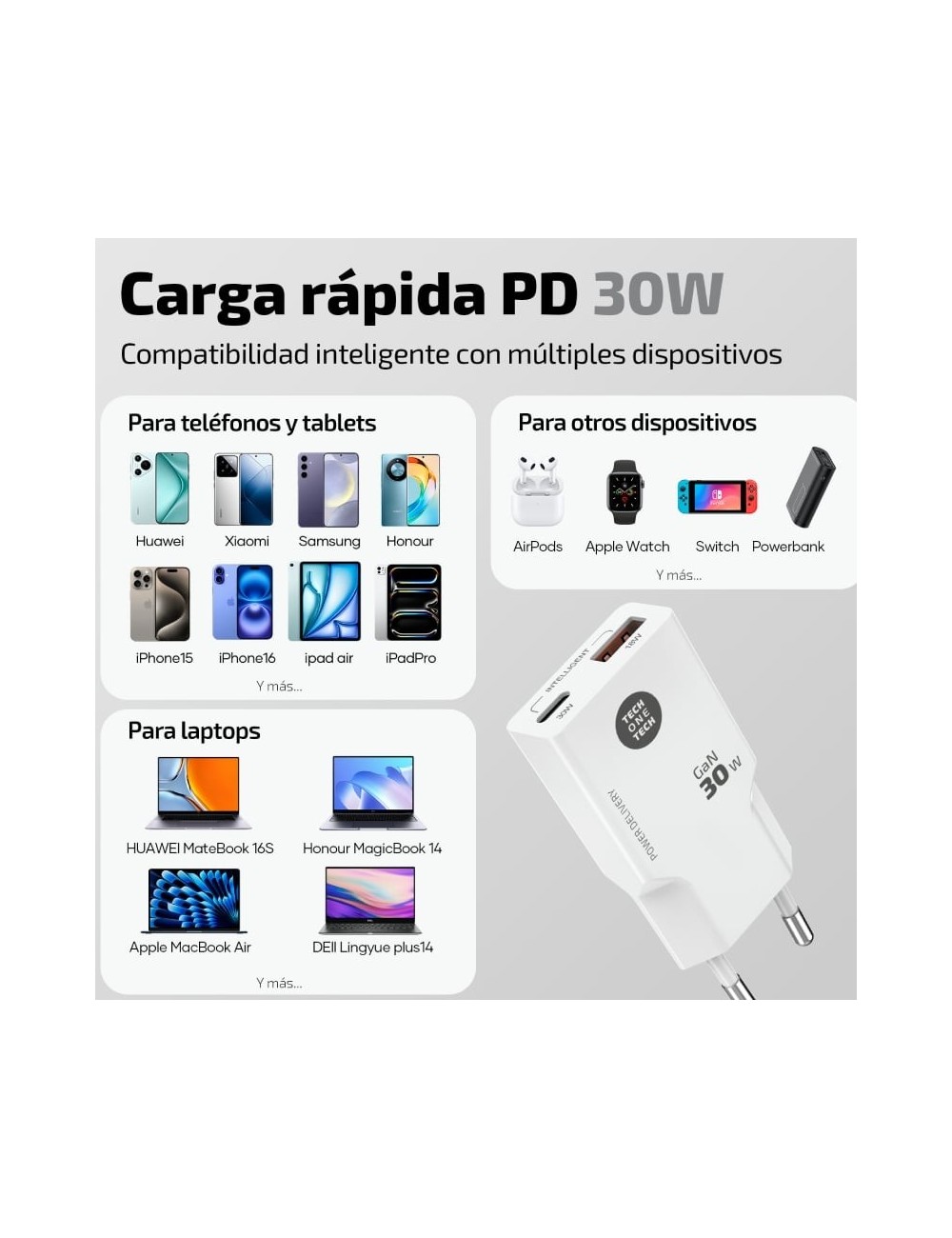 Cargador de Pared Tech One Tech TEC2231/ 1xUSB Tipo-C/ 1xUSB + Cable USB Tipo-C/ 30W/ Blanco