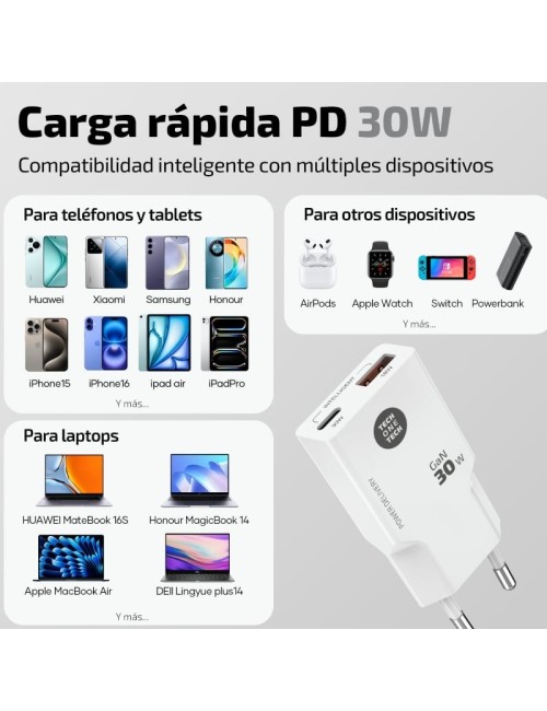 Cargador de Pared Tech One Tech TEC2231/ 1xUSB Tipo-C/ 1xUSB + Cable USB Tipo-C/ 30W/ Blanco
