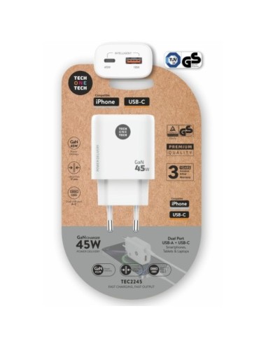 Cargador de Pared GaN Tech One Tech TEC2245/ 1xUSB Tipo-C/ 1xUSB/ 45W