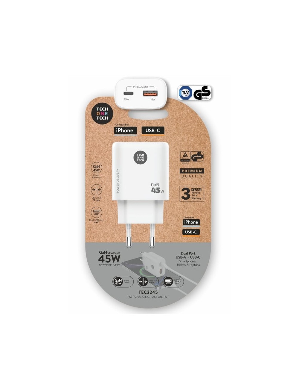 Cargador de Pared GaN Tech One Tech TEC2245/ 1xUSB Tipo-C/ 1xUSB/ 45W