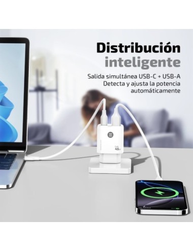 Cargador de Pared GaN Tech One Tech TEC2245/ 1xUSB Tipo-C/ 1xUSB/ 45W
