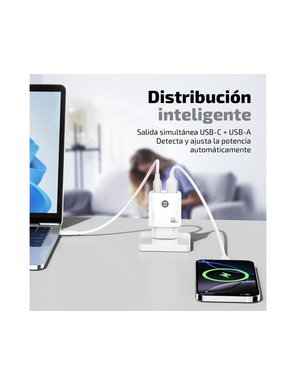 Cargador de Pared GaN Tech One Tech TEC2245/ 1xUSB Tipo-C/ 1xUSB/ 45W