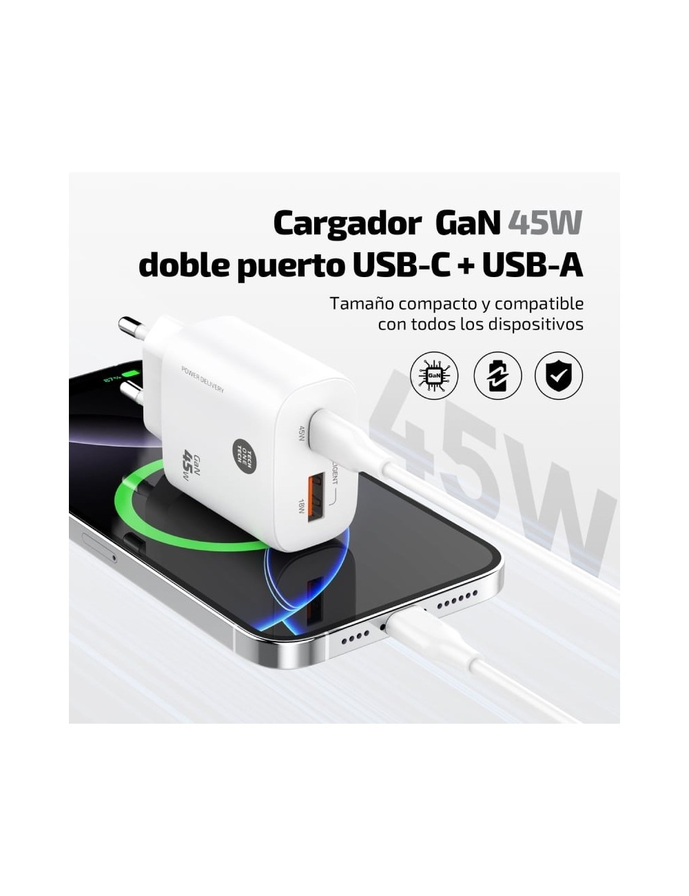 Cargador de Pared GaN Tech One Tech TEC2245/ 1xUSB Tipo-C/ 1xUSB/ 45W