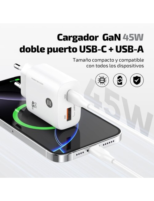 Cargador de Pared GaN Tech One Tech TEC2245/ 1xUSB Tipo-C/ 1xUSB/ 45W