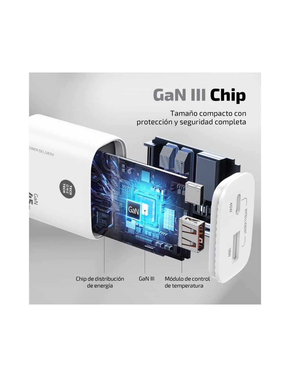 Cargador de Pared GaN Tech One Tech TEC2245/ 1xUSB Tipo-C/ 1xUSB/ 45W