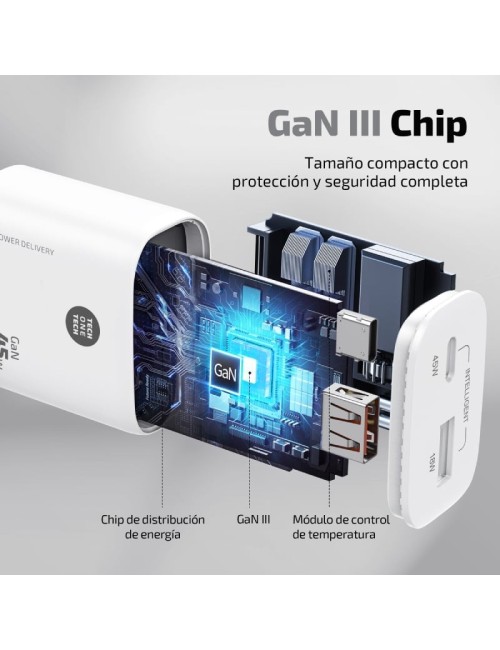 Cargador de Pared GaN Tech One Tech TEC2245/ 1xUSB Tipo-C/ 1xUSB/ 45W