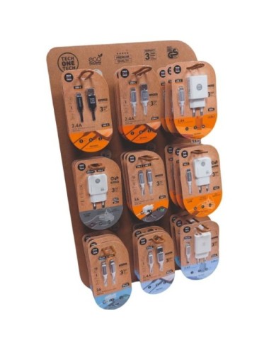Expositor de Cargadores GaN y Cables Tech One Tech EKO 400903/ 9 ganchos/ Incluye 27 Productos