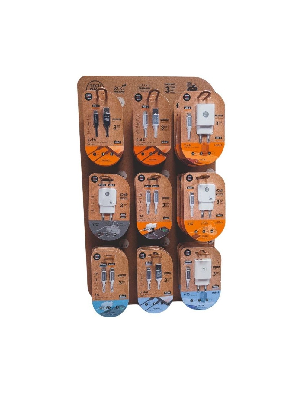 Expositor de Cargadores GaN y Cables Tech One Tech EKO 400903/ 9 ganchos/ Incluye 27 Productos