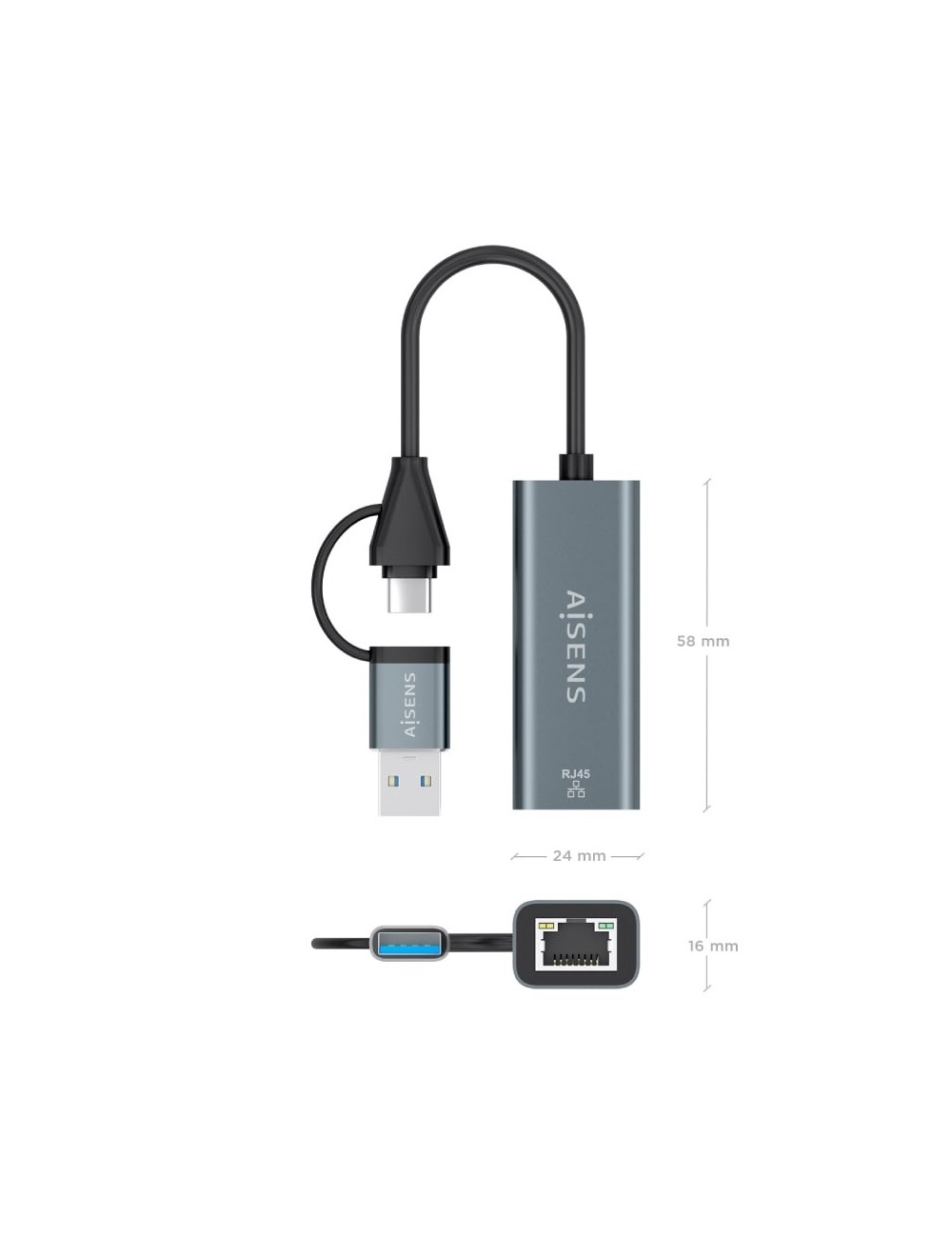 Adaptador USB + USB Tipo-C 3.2 - RJ45 Aisens A109-1032/ 1000Mbps