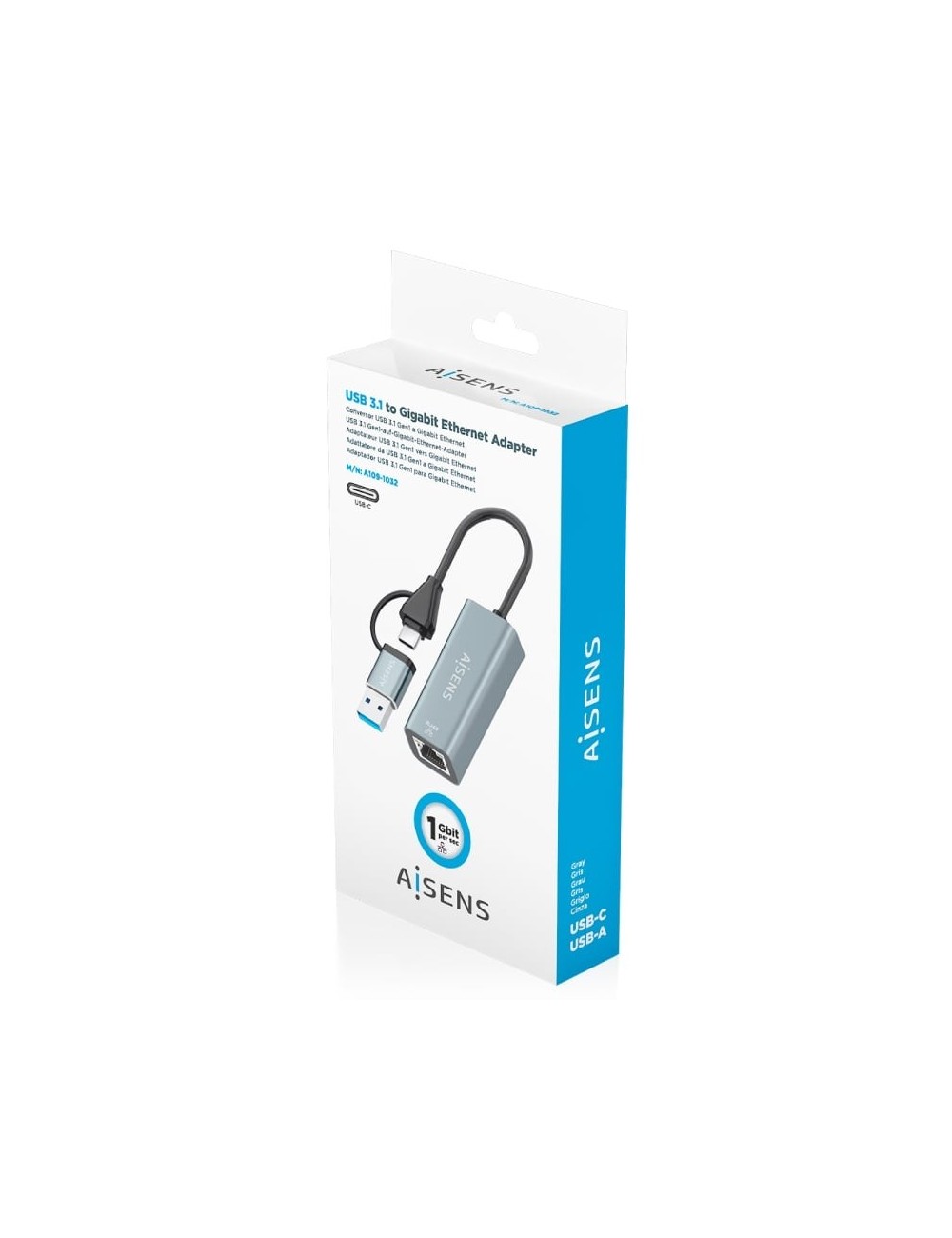 Adaptador USB + USB Tipo-C 3.2 - RJ45 Aisens A109-1032/ 1000Mbps