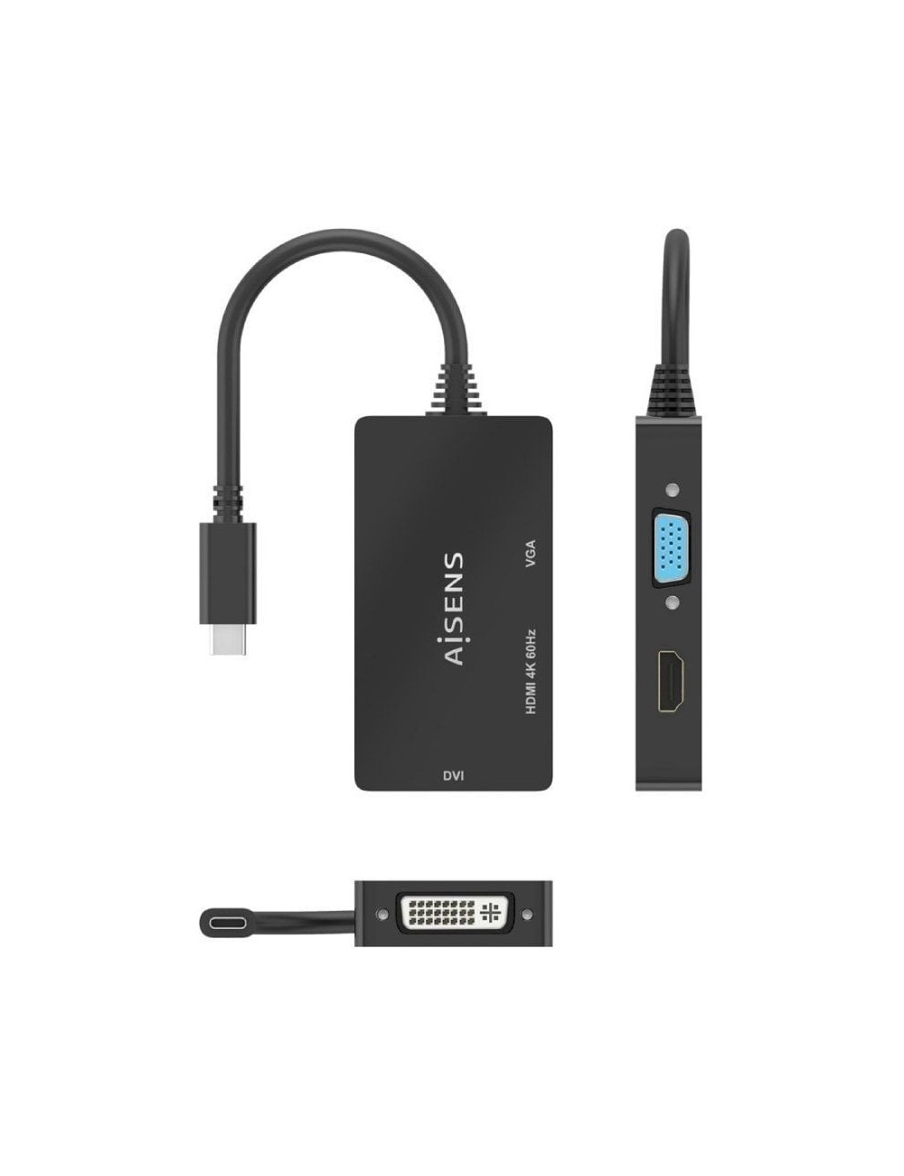 Conversor HDMI Aisens A109-0954/ USB Tipo-C Macho - DVI/HDMI/VGA Hembra/ 15cm/ Negro