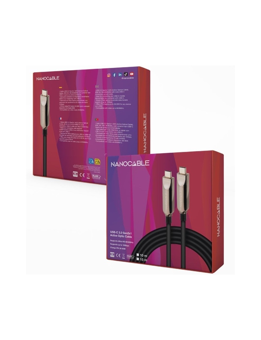 Cable USB 3.2 Tipo-C AOC Nanocable 10.01.4615/ USB Tipo-C Macho - USB Tipo-C Macho/ Hasta 60W/ 10Gbps/ 15m/ Negro