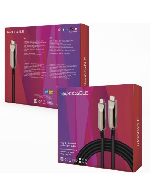 Cable USB 3.2 Tipo-C AOC Nanocable 10.01.4615/ USB Tipo-C Macho - USB Tipo-C Macho/ Hasta 60W/ 10Gbps/ 15m/ Negro