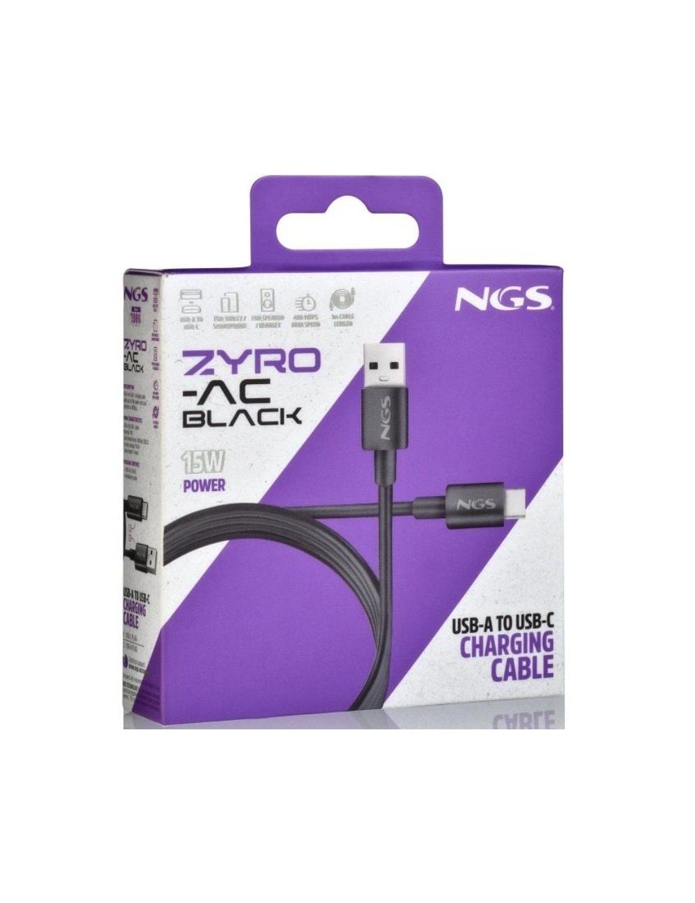 Cable USB 2.0 NGS ZYRO-AC/ USB Macho - USB Tipo-C Macho/ Hasta 15W/ 480Mbps/ 1m/ Negro