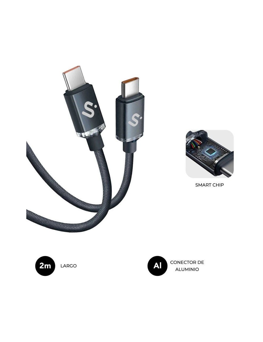 Cable USB 2.0 Tipo-C Subblim Optimus/ USB Tipo-C Macho - USB Tipo-C Macho/ Hasta 60W/ 480Mbps/ 2m/ Negro