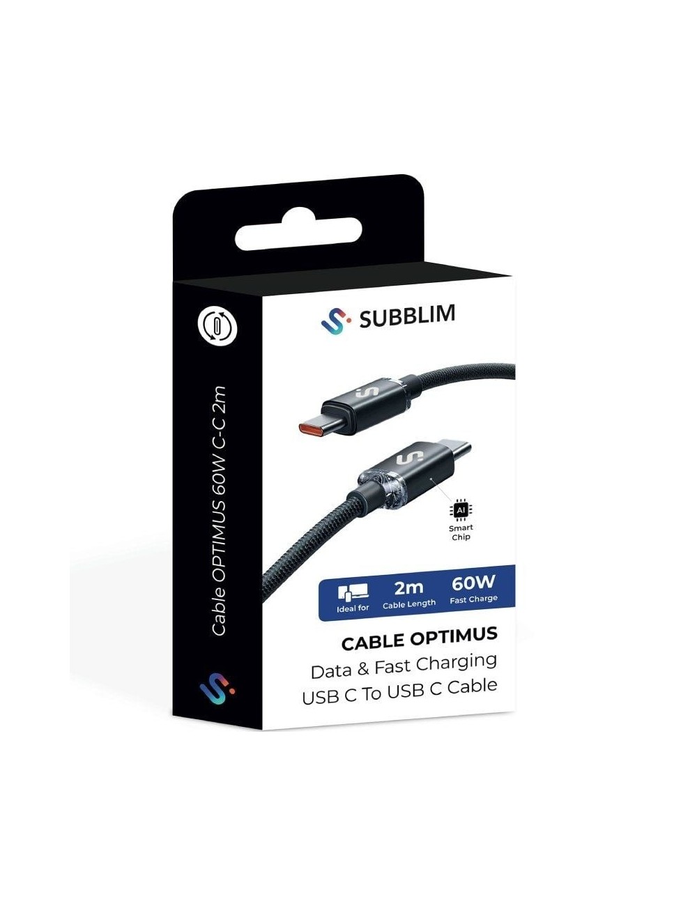 Cable USB 2.0 Tipo-C Subblim Optimus/ USB Tipo-C Macho - USB Tipo-C Macho/ Hasta 60W/ 480Mbps/ 2m/ Negro