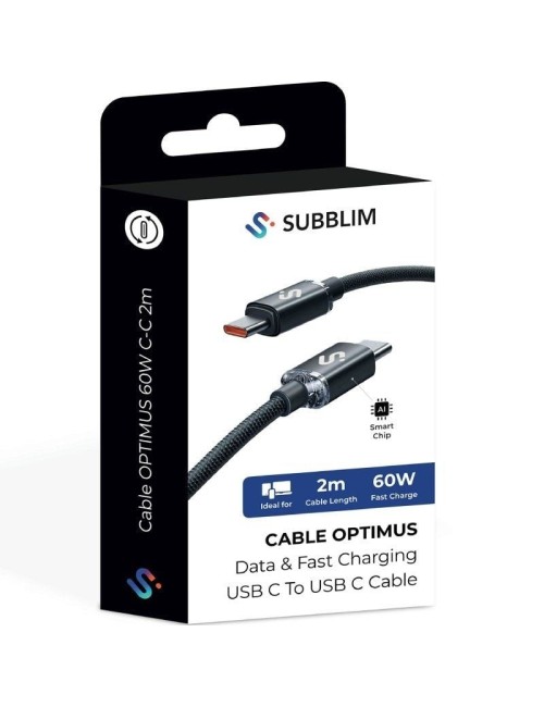 Cable USB 2.0 Tipo-C Subblim Optimus/ USB Tipo-C Macho - USB Tipo-C Macho/ Hasta 60W/ 480Mbps/ 2m/ Negro