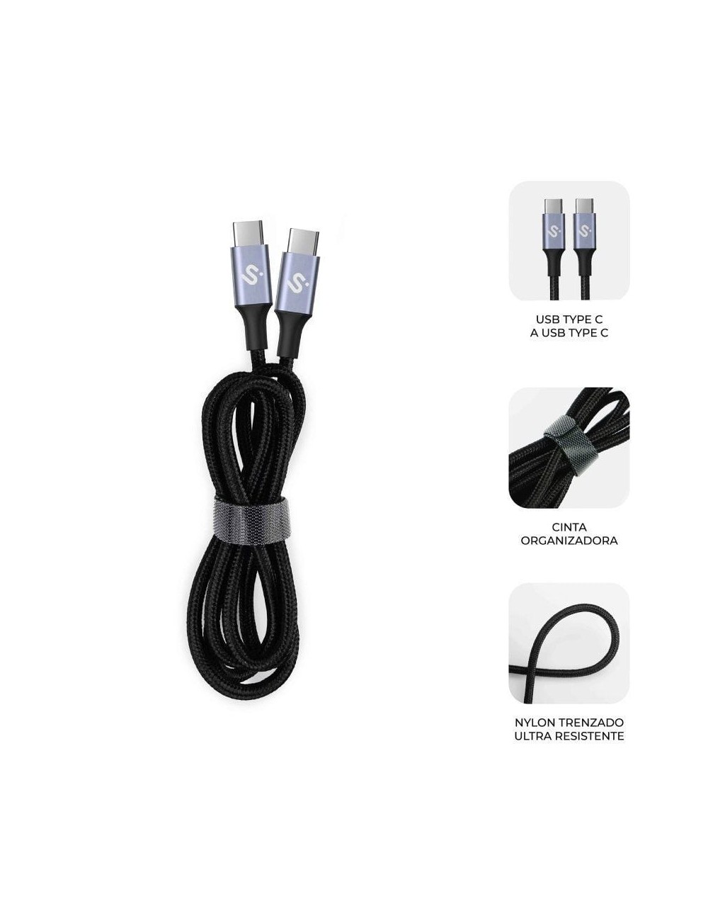 Cable USB 2.0 Tipo-C Subblim Plus/ USB Tipo-C Macho - USB Tipo-C Macho/ Hasta 100W/ 480Mbps/ 2m/ Negro