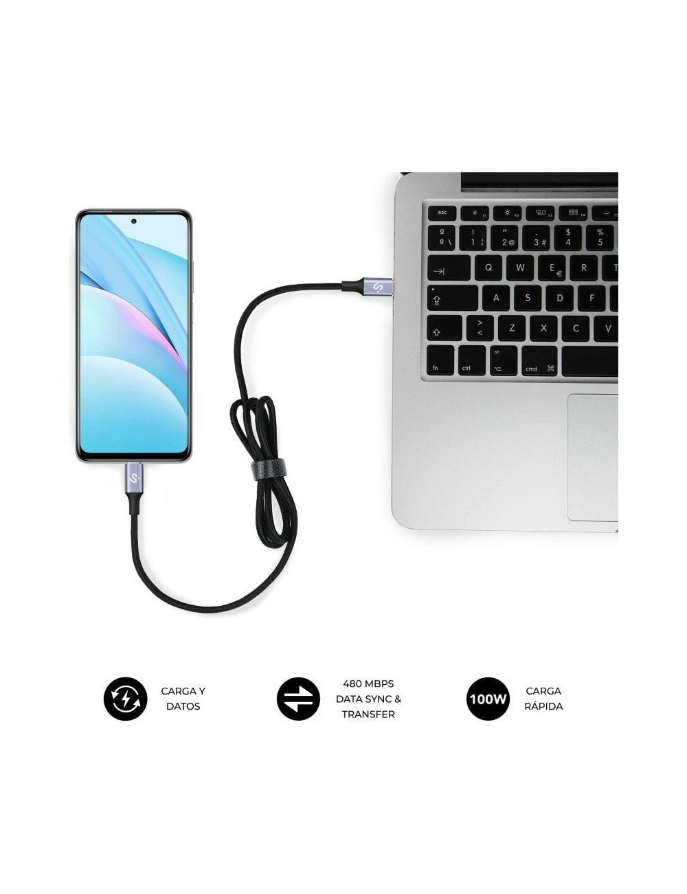 Cable USB 2.0 Tipo-C Subblim Plus/ USB Tipo-C Macho - USB Tipo-C Macho/ Hasta 100W/ 480Mbps/ 2m/ Negro