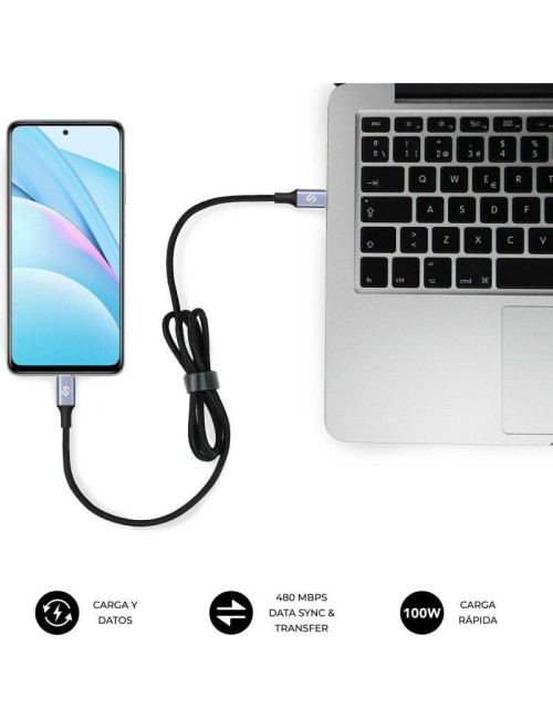 Cable USB 2.0 Tipo-C Subblim Plus/ USB Tipo-C Macho - USB Tipo-C Macho/ Hasta 100W/ 480Mbps/ 2m/ Negro