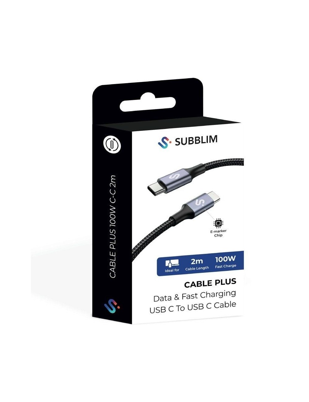 Cable USB 2.0 Tipo-C Subblim Plus/ USB Tipo-C Macho - USB Tipo-C Macho/ Hasta 100W/ 480Mbps/ 2m/ Negro