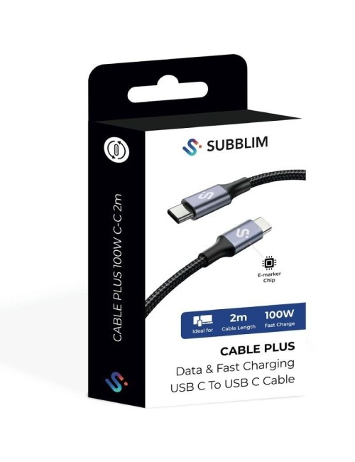 Cable USB 2.0 Tipo-C Subblim Plus/ USB Tipo-C Macho - USB Tipo-C Macho/ Hasta 100W/ 480Mbps/ 2m/ Negro