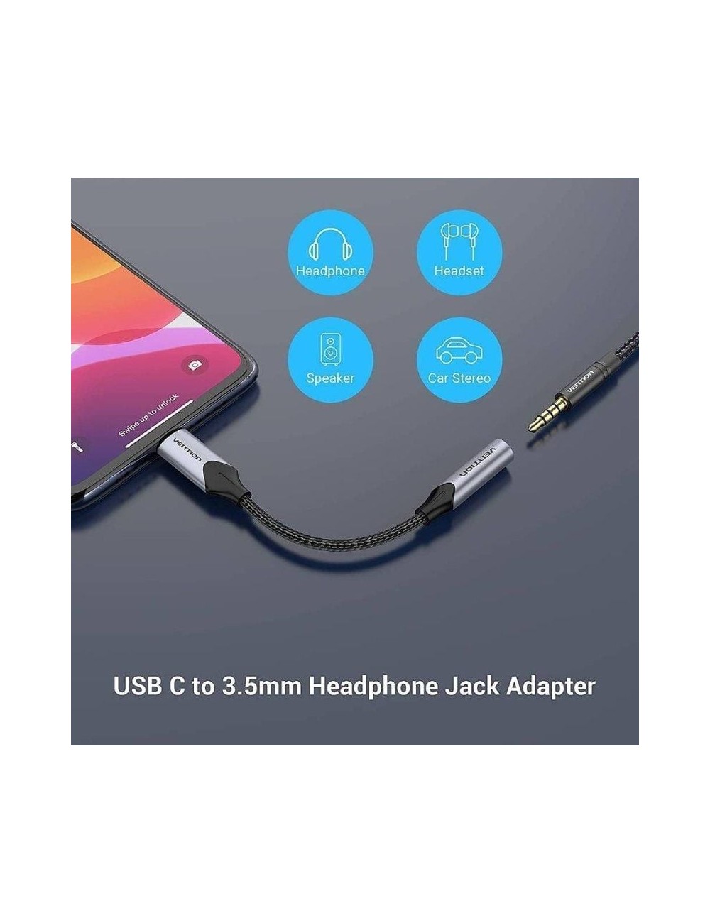 Adaptador Audio Vention BGMHA/ Jack 3.5 Hembra - USB Tipo-C Macho/ 10cm/ Gris