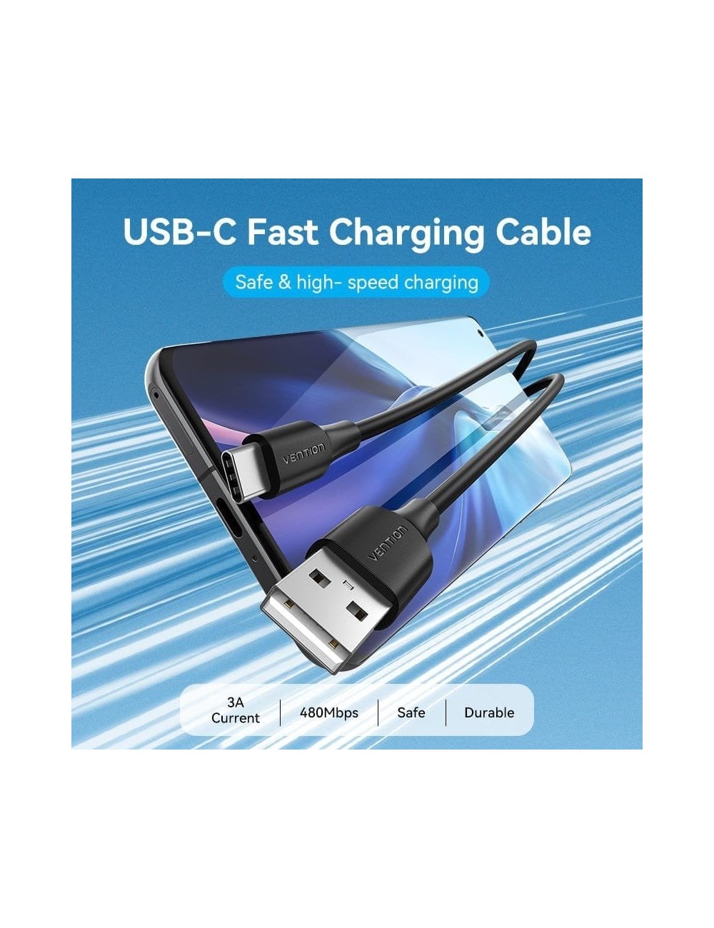 Cable USB 2.0 Tipo-C Vention CTHBH/ USB Tipo-C Macho - USB Macho/ 480Mbps/ 2m/ Negro