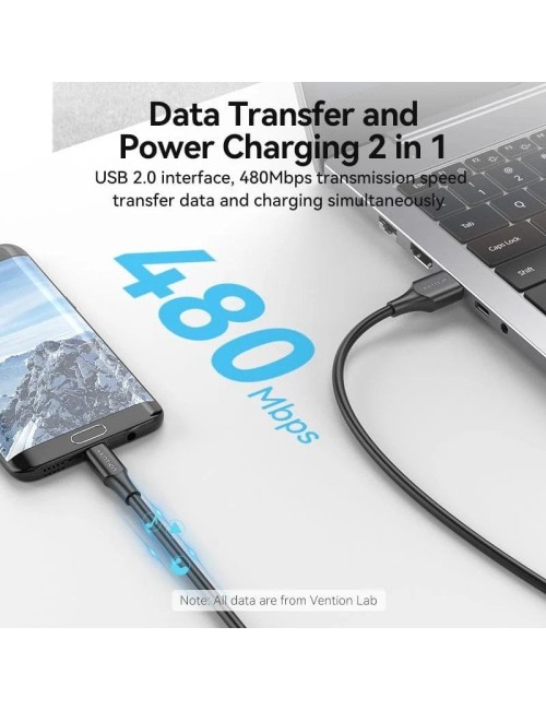 Cable USB 2.0 Vention CTIBG/ USB Macho - MicroUSB Macho/ Hasta 60W/ 480Mbps/ 1.5m/ Negro