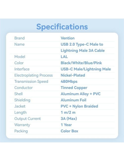 Cable USB Tipo-C Lightning Vention LALBF/ USB Tipo-C Macho - Lightning Macho/ 27W/ 480Mbps/ 1m/ Negro