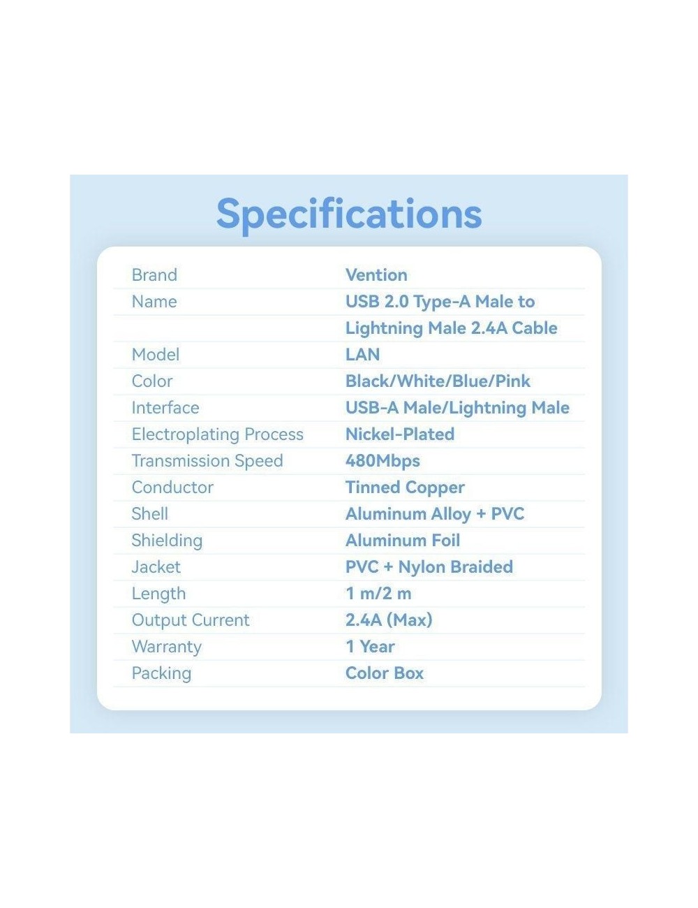 Cable USB Lightning Vention LANBF/ USB Macho - Lightning Macho/ 480Mbps/ 1m/ Negro