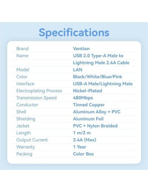 Cable USB Lightning Vention LANBF/ USB Macho - Lightning Macho/ 480Mbps/ 1m/ Negro