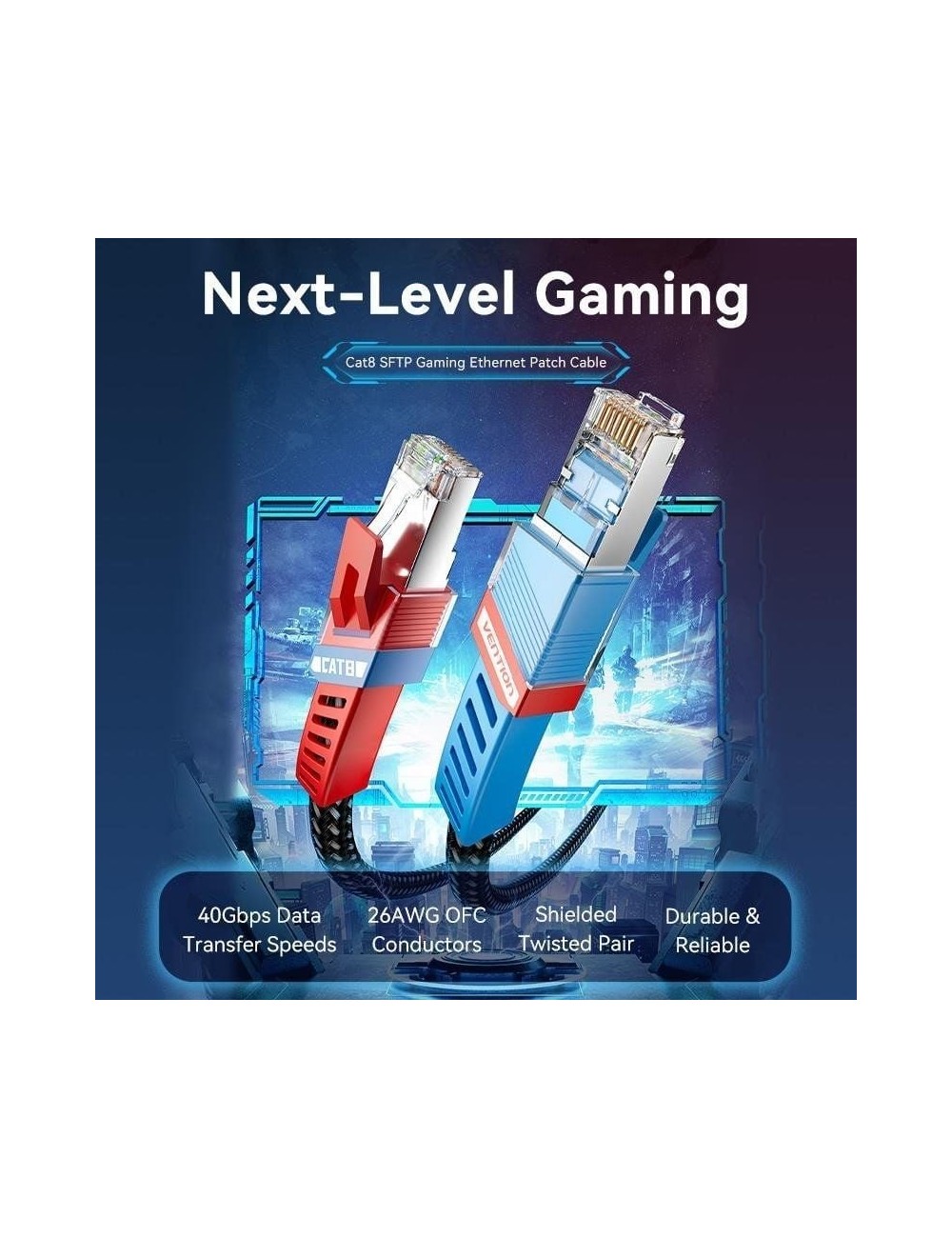 Cable de Red RJ45 SFTP Vention IKJBF Cat.8/ Gaming/ 1m/ Negro
