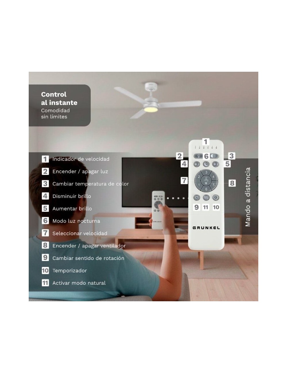 Ventilador de Techo Grunkel SKYEASY47/ 30W/ 3 Aspas 119cm/ 6 Velocidades