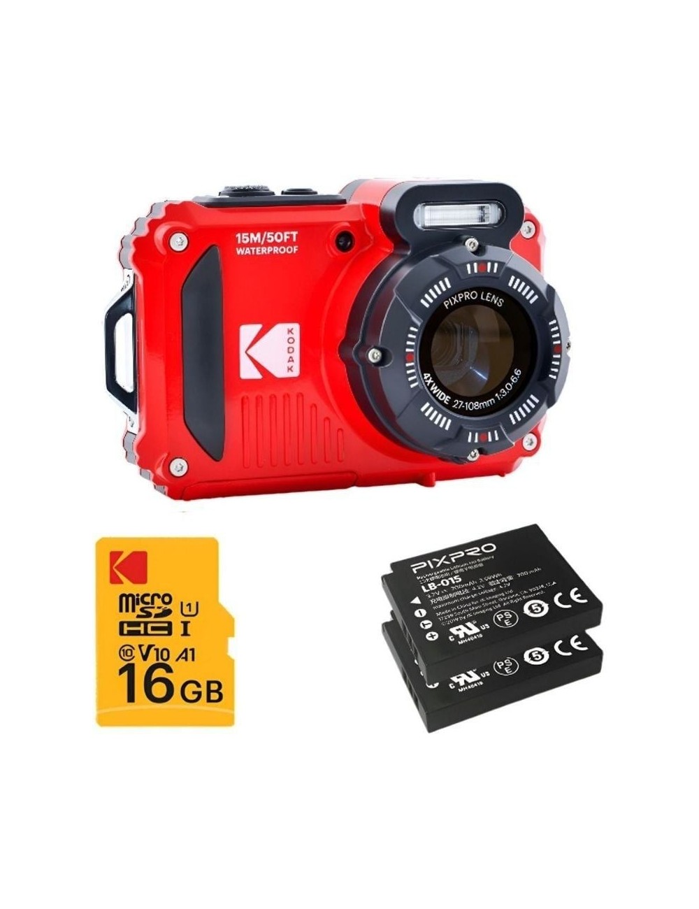 Pack Cámara Digital Kodak Pixpro WPZ2RD6 + 2 Baterías + 1 MicroSD/ 16MP/ Zoom Óptico 4x/ Rojo