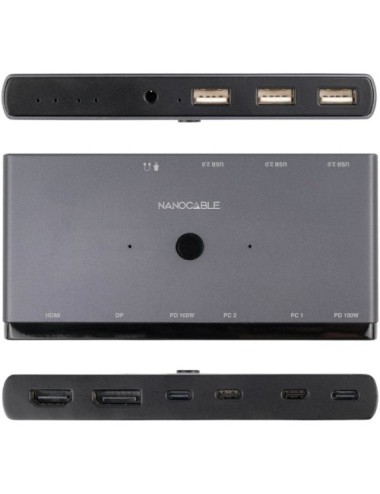 Switch Conmutador 8K Nanocable 10.12.0003/ 1x HDMI/ 1x DisplayPort/ 3x USB/ 2x USB Tipo-C/ 1x Jack 3.5mm/ 2x USB Tipo-C PD