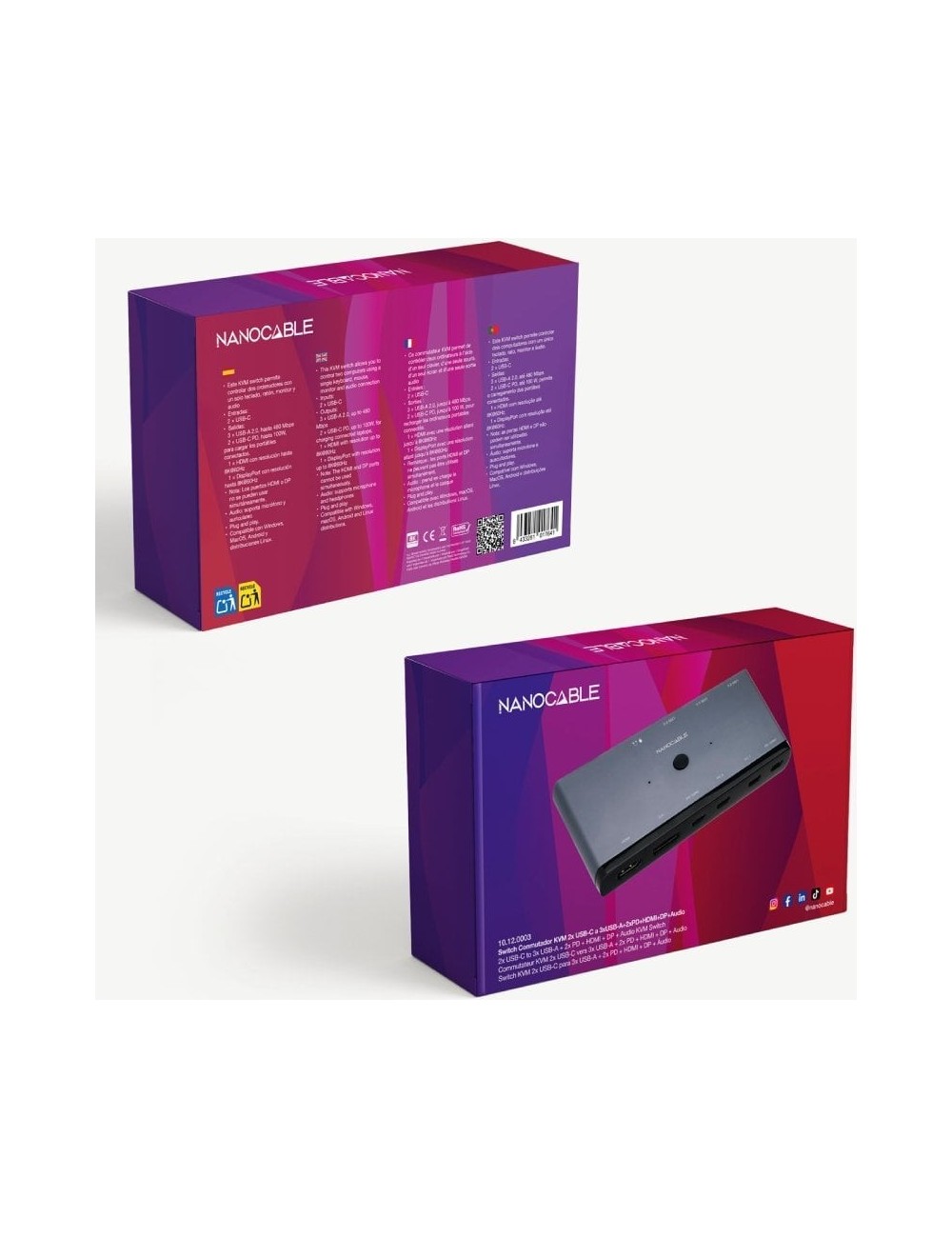 Switch Conmutador 8K Nanocable 10.12.0003/ 1x HDMI/ 1x DisplayPort/ 3x USB/ 2x USB Tipo-C/ 1x Jack 3.5mm/ 2x USB Tipo-C PD