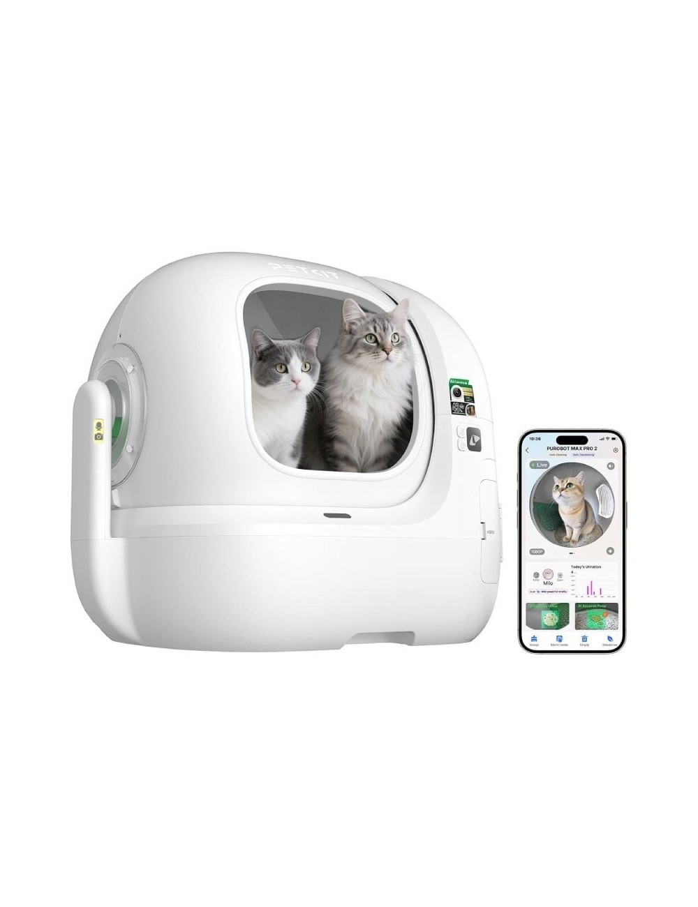 Arenero para Gatos Autolimpiable PetKit PuroBot Max Pro 2/ 76L/ Control desde APP/ Blanco