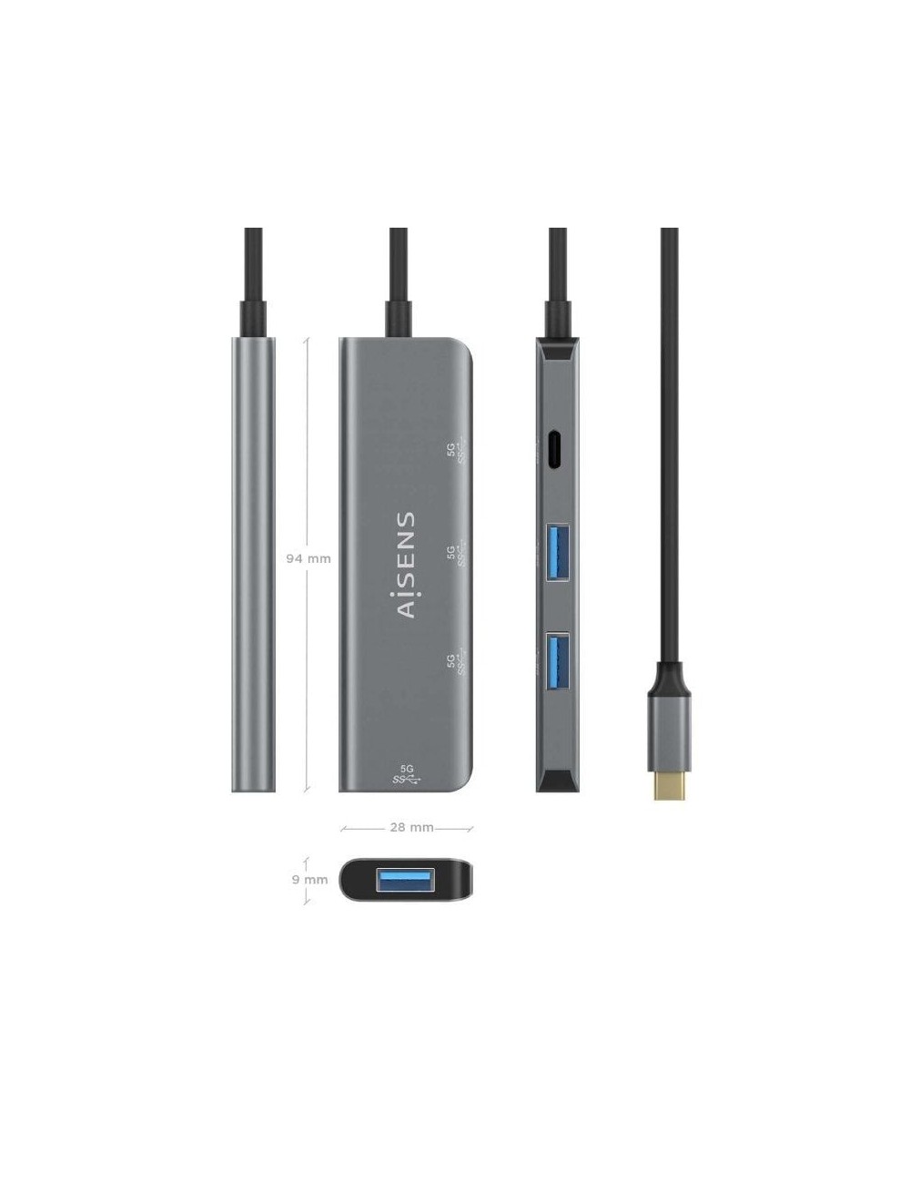 Hub USB Tipo-C Aisens A109-0762/ 3xUSB/ 1xUSB Tipo-C/ Gris