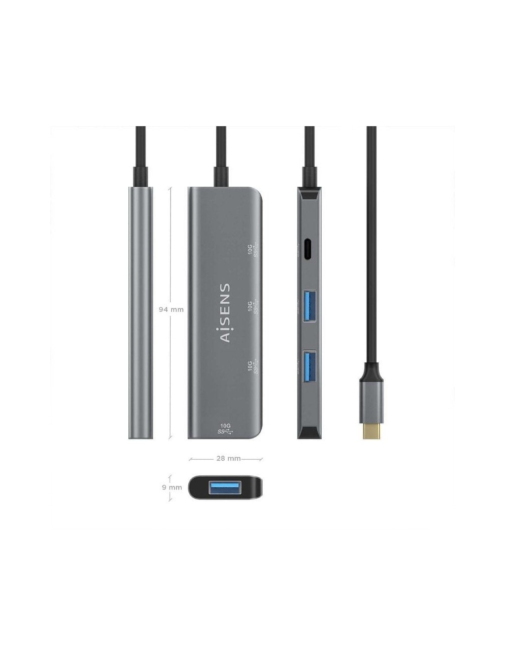 Hub USB Tipo-C Aisens A109-0764/ 3xUSB/ 1xUSB Tipo-C/ Gris