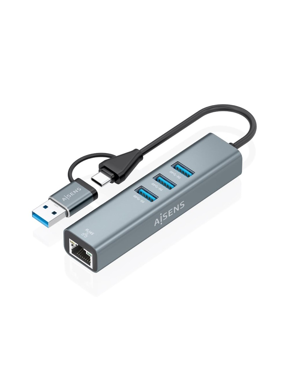 Hub USB + USB Tipo-C 3.2 Aisens A109-1033/ 3xUSB/ 1xRJ45/ Gris